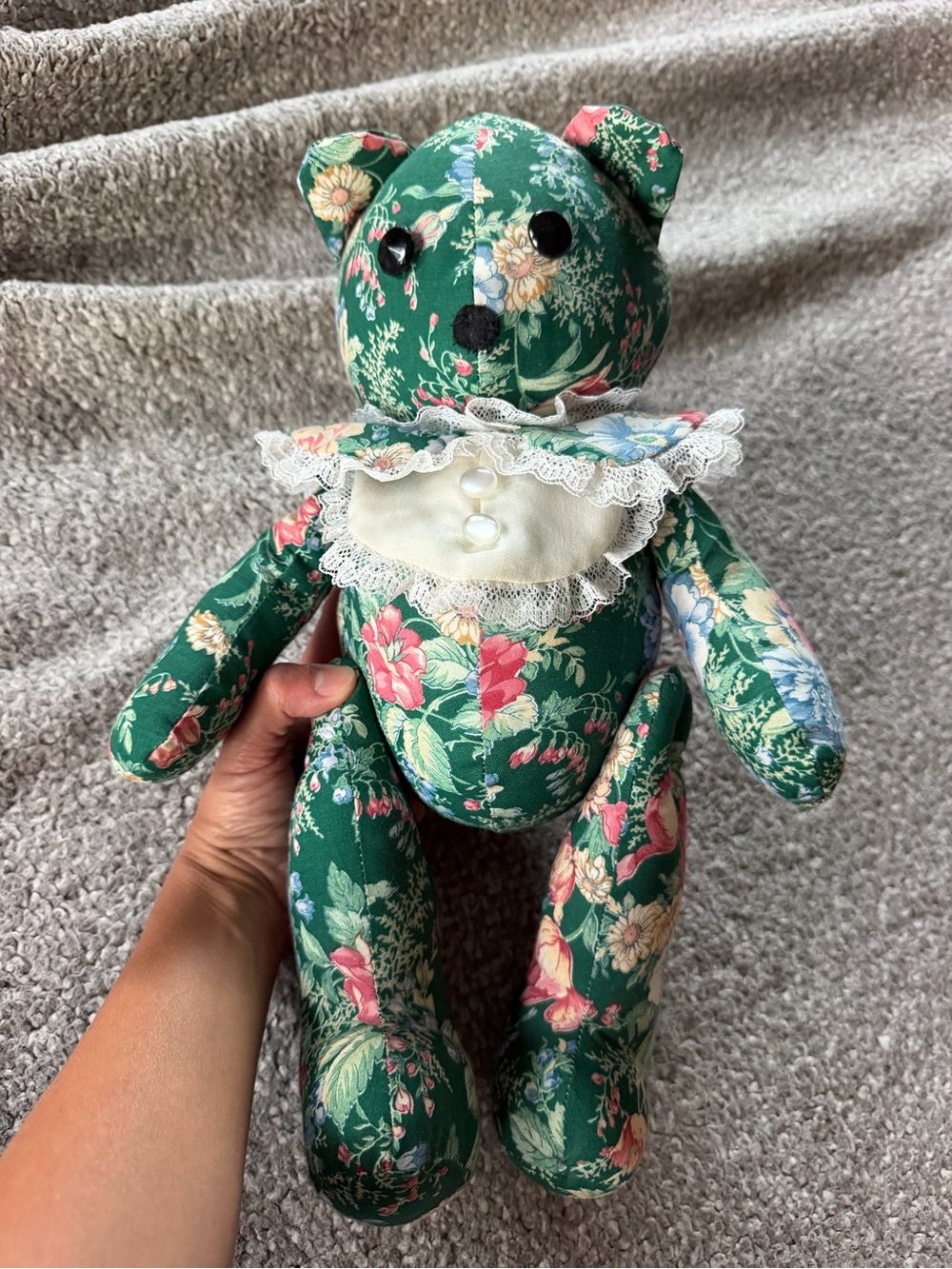 Vintage Handmade Jointed Floral Fabric Teddy Bear – 15" Posable Cloth Bear